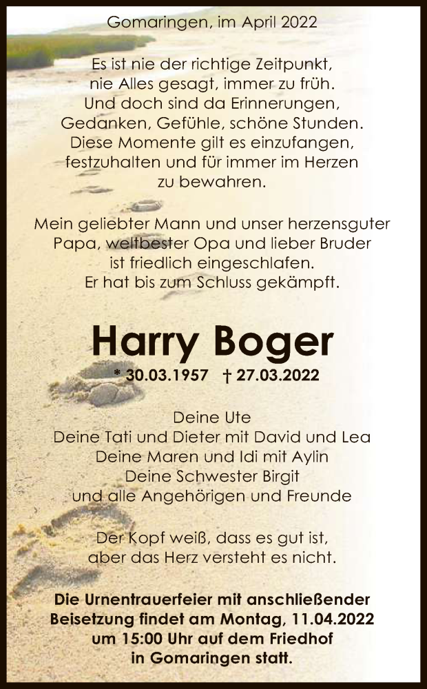  Traueranzeige für Harry Boger vom 02.04.2022 aus Reutlinger General-Anzeiger