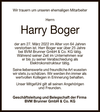 Anzeige von Harry Boger von Reutlinger General-Anzeiger