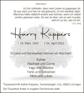 Anzeige von Harry Küppers von Reutlinger General-Anzeiger