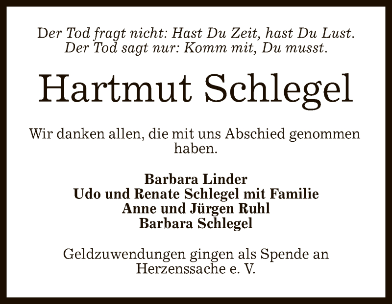  Traueranzeige für Hartmut Schlegel vom 02.04.2022 aus Reutlinger General-Anzeiger