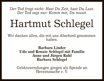 Anzeige von Hartmut Schlegel von Reutlinger General-Anzeiger