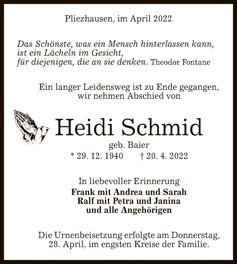  Traueranzeige für Heidi Schmid vom 30.04.2022 aus Reutlinger General-Anzeiger