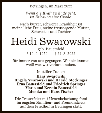 Anzeige von Heidi Swarowski von Reutlinger General-Anzeiger