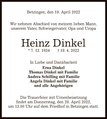 Anzeige von Heinz Dinkel von Reutlinger General-Anzeiger