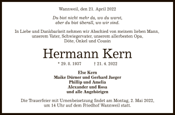 Anzeige von Hermann Kern von Reutlinger General-Anzeiger