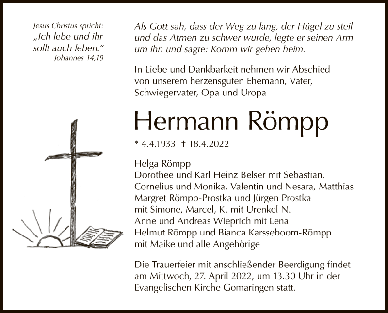  Traueranzeige für Hermann Römpp vom 23.04.2022 aus Reutlinger General-Anzeiger