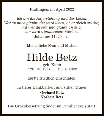 Anzeige von Hilde Betz von Reutlinger General-Anzeiger