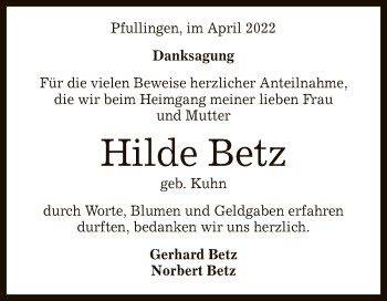Anzeige von Hilde Betz von Reutlinger General-Anzeiger