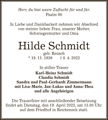 Anzeige von Hilde Schmidt von Reutlinger General-Anzeiger