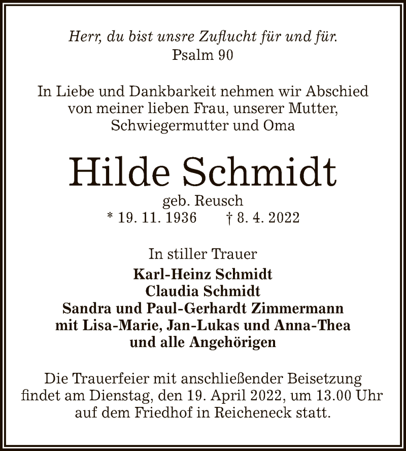  Traueranzeige für Hilde Schmidt vom 13.04.2022 aus Reutlinger General-Anzeiger