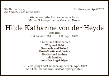 Anzeige von Hilde Katharine von der Heyde von Reutlinger General-Anzeiger
