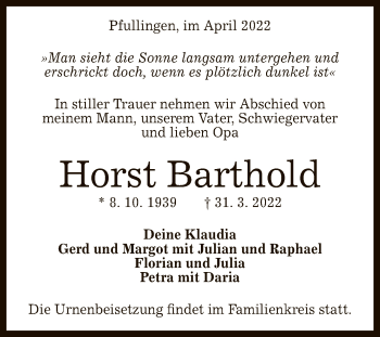 Anzeige von Horst Barthold von Reutlinger General-Anzeiger