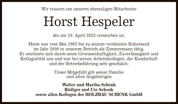 Anzeige von Horst Hespeler von Reutlinger General-Anzeiger