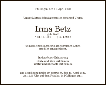 Anzeige von Irma Betz von Reutlinger General-Anzeiger