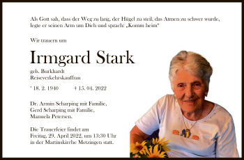 Anzeige von Irmgard Stark von Reutlinger General-Anzeiger