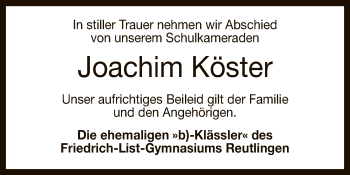 Anzeige von Joachim Köster von Reutlinger General-Anzeiger