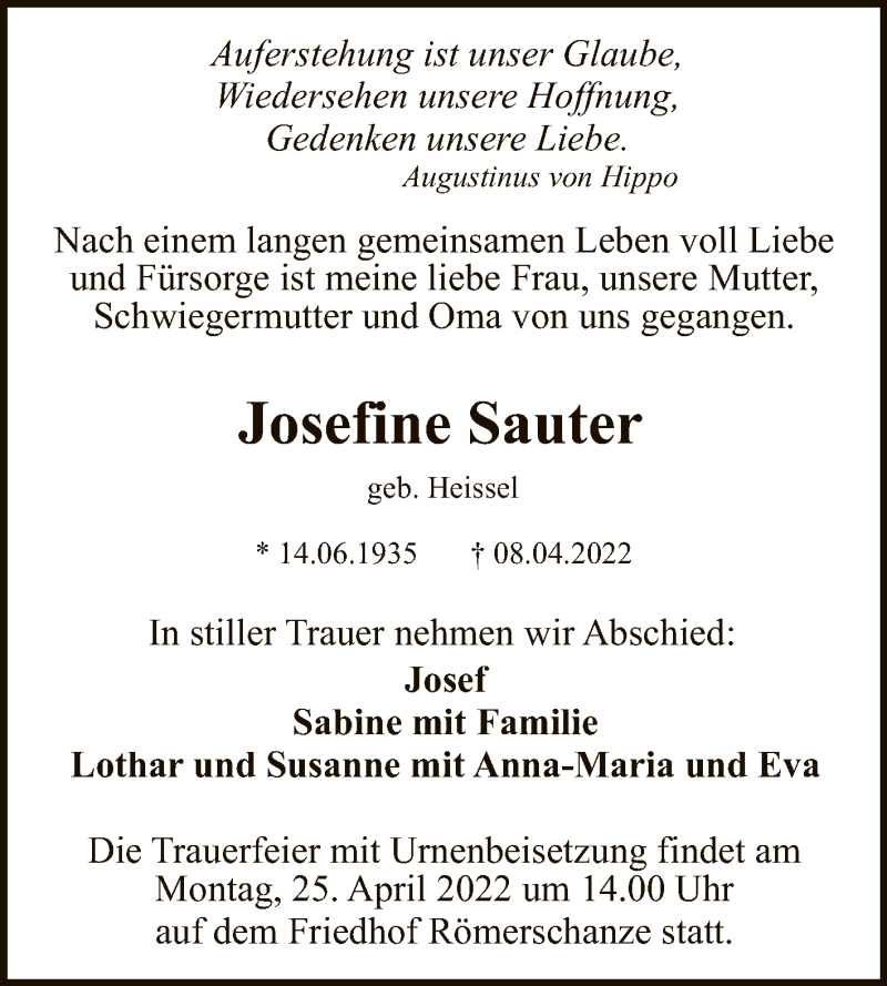 Traueranzeige für Josefine Sauter vom 16.04.2022 aus Reutlinger General-Anzeiger
