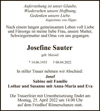 Anzeige von Josefine Sauter von Reutlinger General-Anzeiger