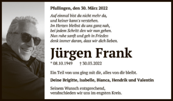 Anzeige von Jürgen Frank von Reutlinger General-Anzeiger