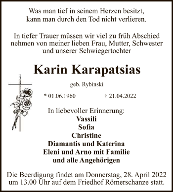 Anzeige von Karin Karapatsias von Reutlinger General-Anzeiger