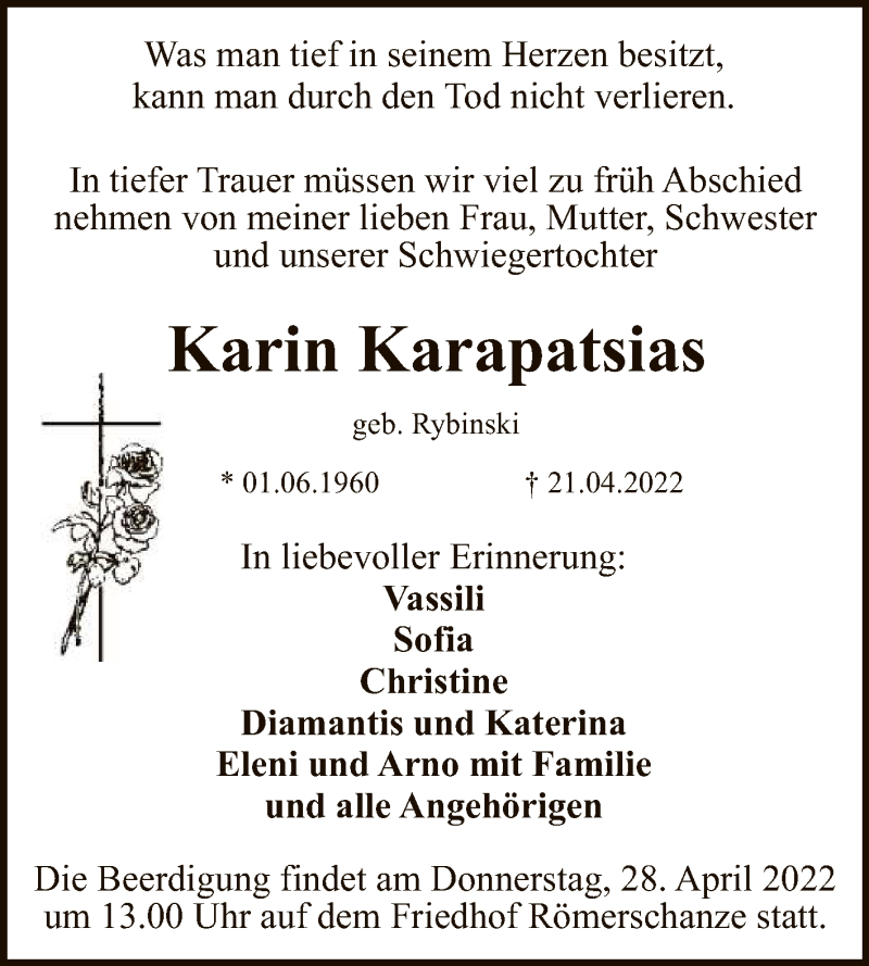  Traueranzeige für Karin Karapatsias vom 26.04.2022 aus Reutlinger General-Anzeiger