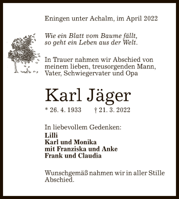 Anzeige von Karl Jäger von Reutlinger General-Anzeiger