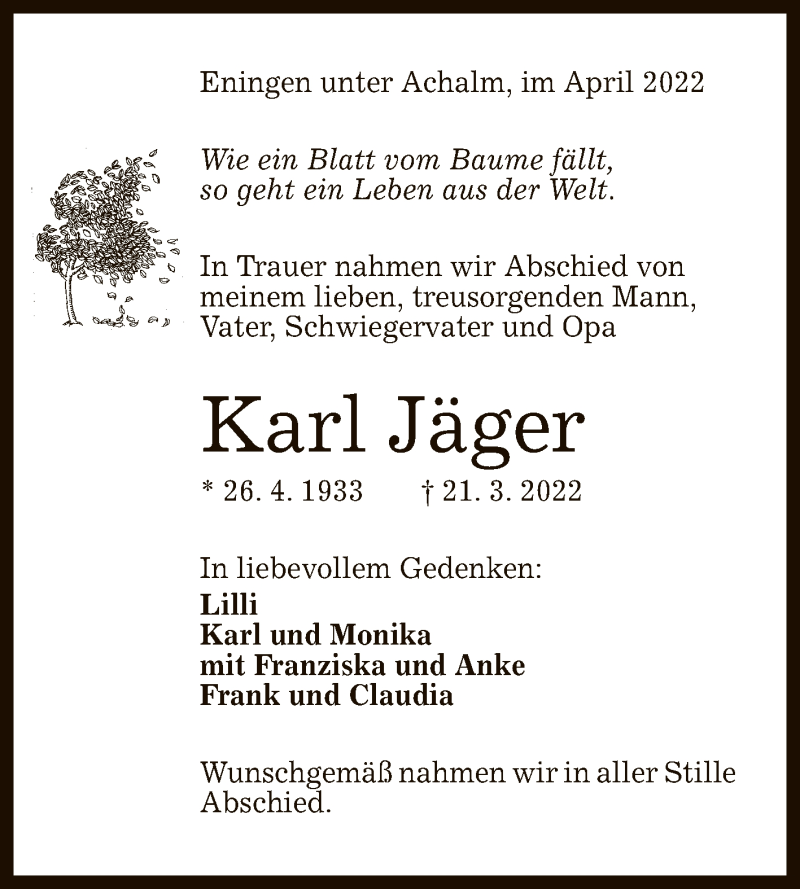  Traueranzeige für Karl Jäger vom 07.04.2022 aus Reutlinger General-Anzeiger