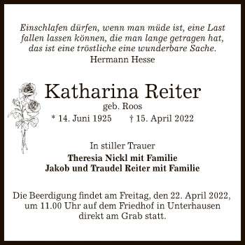 Anzeige von Katharina Reiter von Reutlinger General-Anzeiger