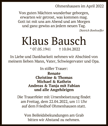 Anzeige von Klaus Bausch von Reutlinger General-Anzeiger