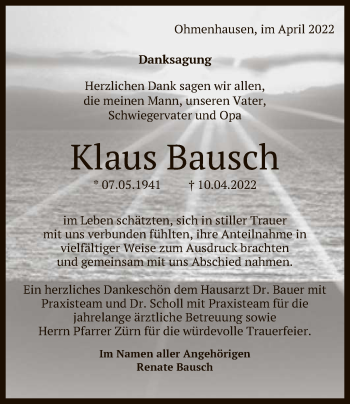 Anzeige von Klaus Bausch von Reutlinger General-Anzeiger