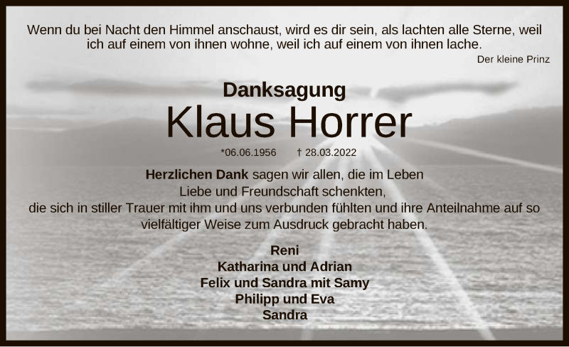  Traueranzeige für Klaus Horrer vom 21.04.2022 aus Reutlinger General-Anzeiger