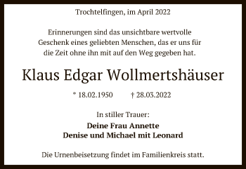 Anzeige von Klaus Edgar Wollmertshäuser von Reutlinger General-Anzeiger