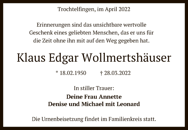  Traueranzeige für Klaus Edgar Wollmertshäuser vom 21.04.2022 aus Reutlinger General-Anzeiger