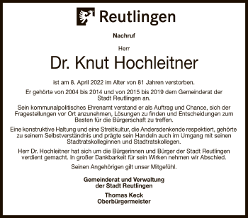 Anzeige von Knut Hochleitner von Reutlinger General-Anzeiger