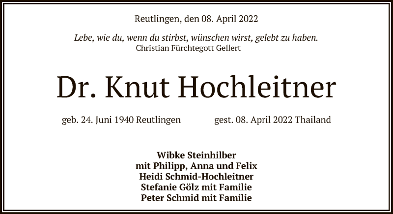  Traueranzeige für Knut Hochleitner vom 12.04.2022 aus Reutlinger General-Anzeiger