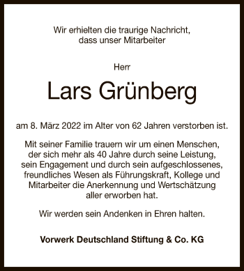 Anzeige von Lars Grünberg von Reutlinger General-Anzeiger