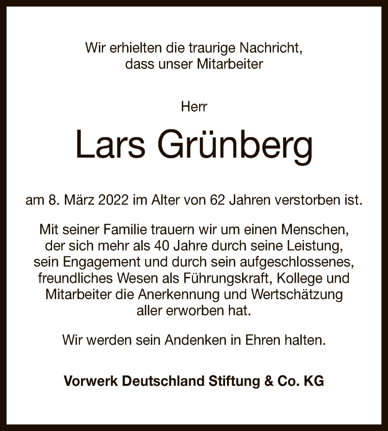  Traueranzeige für Lars Grünberg vom 02.04.2022 aus Reutlinger General-Anzeiger