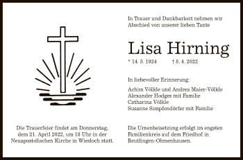 Anzeige von Lisa Hirning von Reutlinger General-Anzeiger
