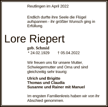 Anzeige von Lore Riepert von Reutlinger General-Anzeiger