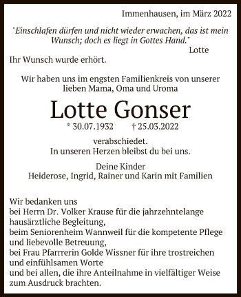 Anzeige von Lotte Gonser von Reutlinger General-Anzeiger