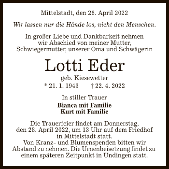 Anzeige von Lotti Eder von Reutlinger General-Anzeiger