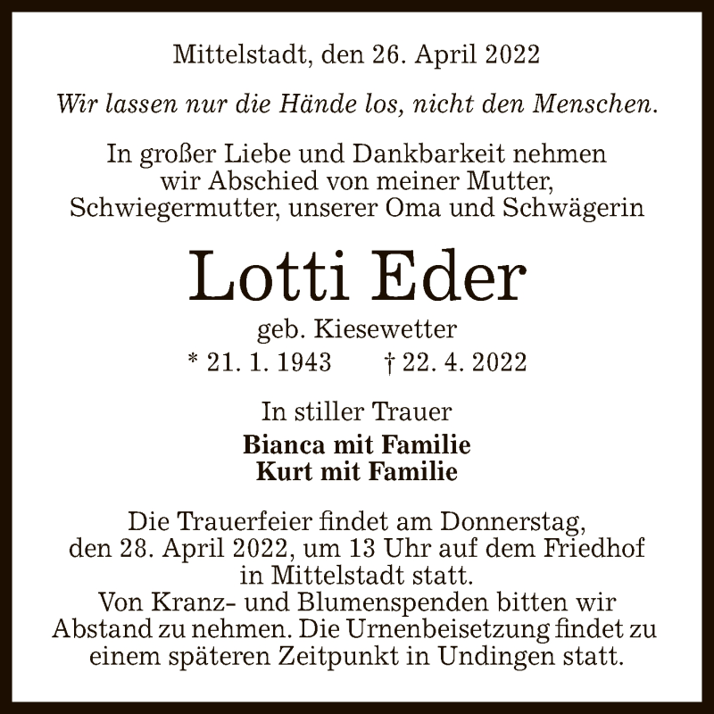  Traueranzeige für Lotti Eder vom 26.04.2022 aus Reutlinger General-Anzeiger