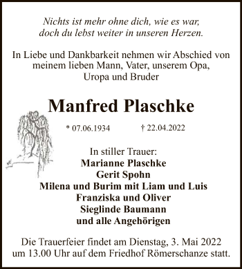 Anzeige von Manfred Plaschke von Reutlinger General-Anzeiger