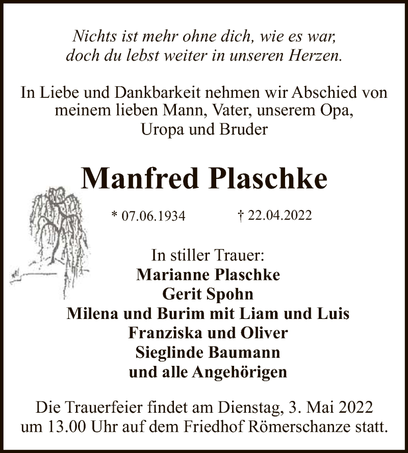  Traueranzeige für Manfred Plaschke vom 29.04.2022 aus Reutlinger General-Anzeiger