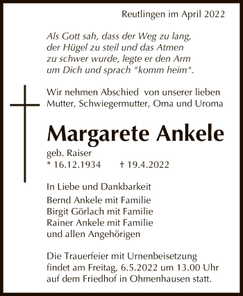 Anzeige von Margarete Ankele von Reutlinger General-Anzeiger