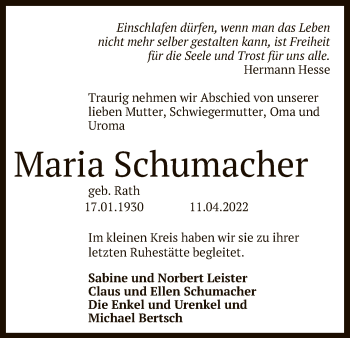 Anzeige von Maria Schumacher von Reutlinger General-Anzeiger