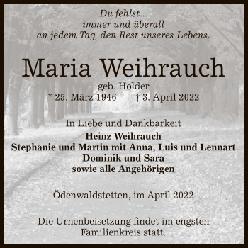 Anzeige von Maria Weihrauch von Reutlinger General-Anzeiger