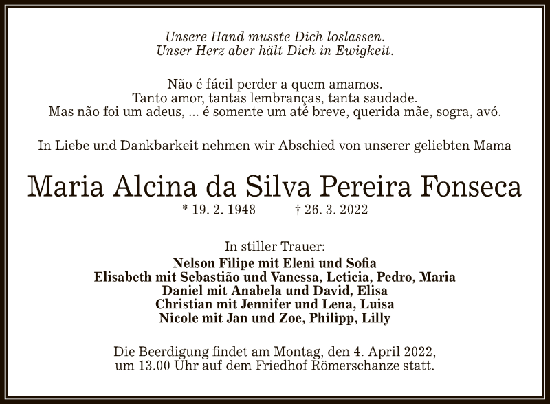  Traueranzeige für Maria Alcina da Silva Pereira Fonseca vom 01.04.2022 aus Reutlinger General-Anzeiger