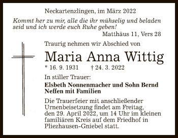 Anzeige von Maria Anna Wittig von Reutlinger General-Anzeiger