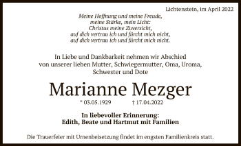 Anzeige von Marianne Mezger von Reutlinger General-Anzeiger